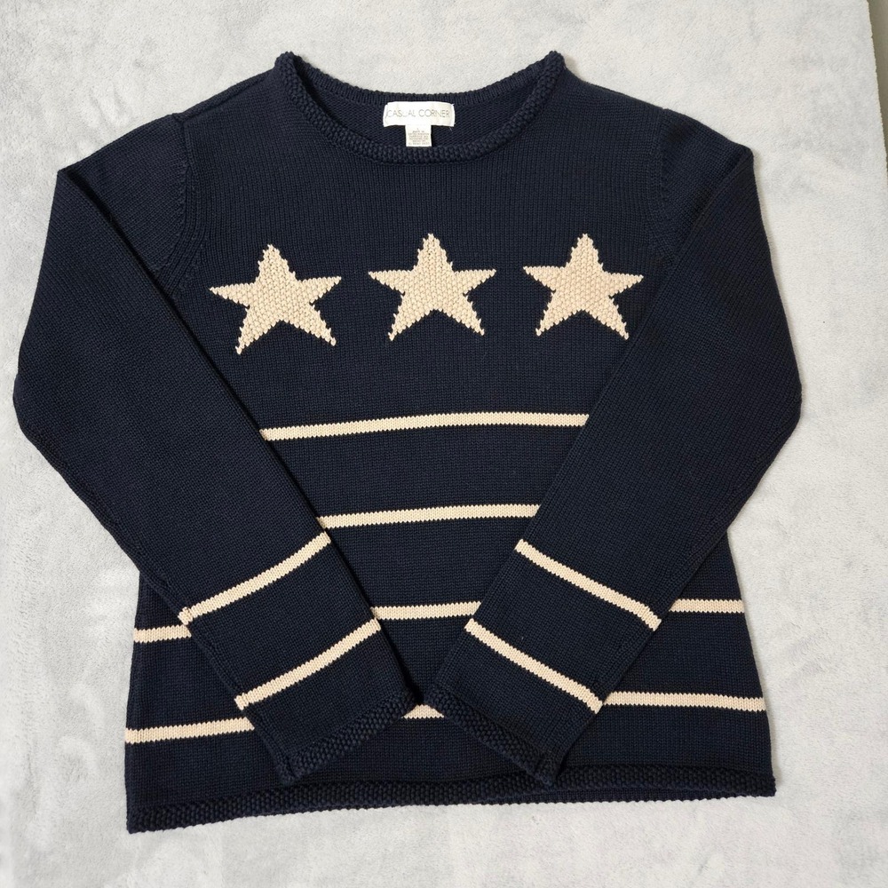 Y2K Casual Corner Navy Star Stripe Knit Sweater Coastal Nautical Old Money Large - Picture 3 of 9